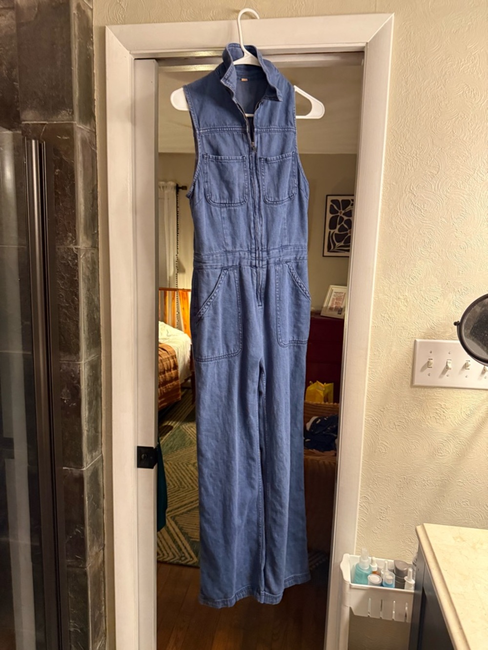 Free People Denim Zip-Front Sleeveless Jumpsuit - Blue